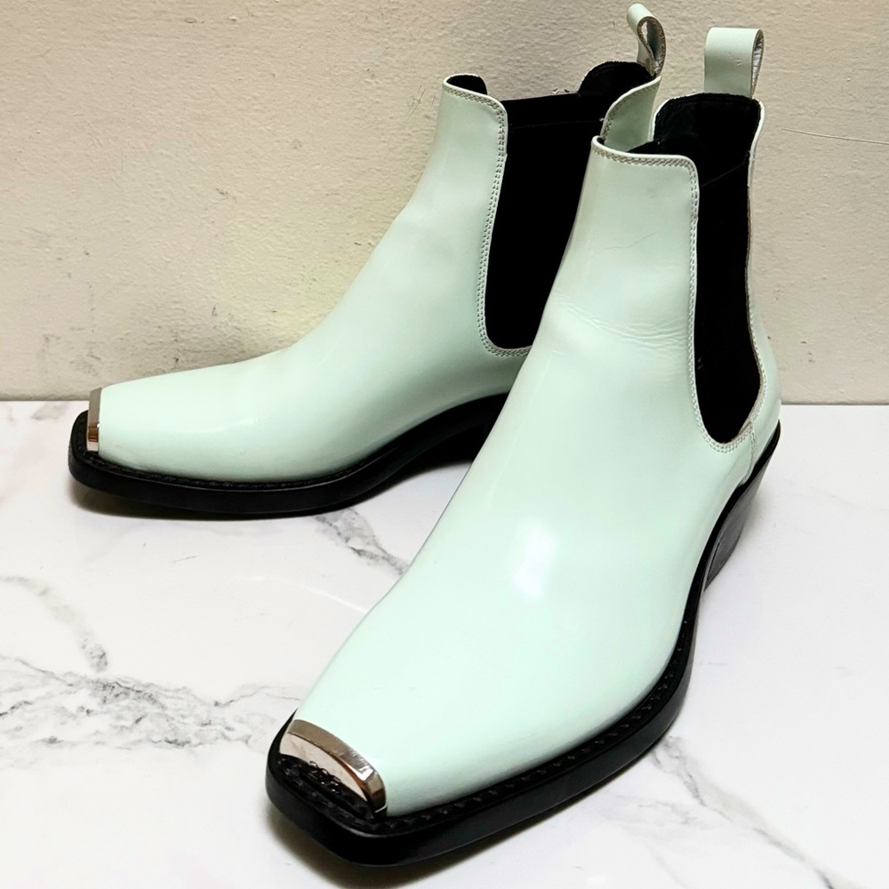 CALVIN KLEIN 205W39NYC Claire Glossy Leather Chelsea Boots In Green - Picture 3 of 16